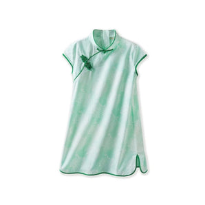 Short Sleeve CheongSam - Green Blooming Flower