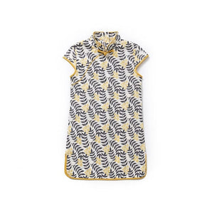 Short Sleeve CheongSam - Yellow Flower and Black Leave