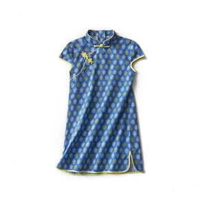 Short Sleeve CheongSam - Blue Seamless Floral