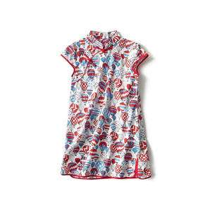 Short Sleeve CheongSam - Red and Blue Hot Balloon